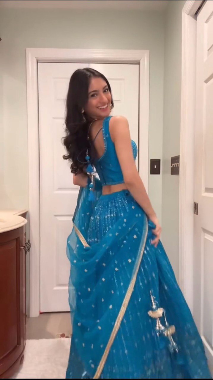 Sky Blue Elegant Fox Georgette Semi-Stitched Lehenga Set with Sequin Embroidery & Butterfly Net Dupatta
