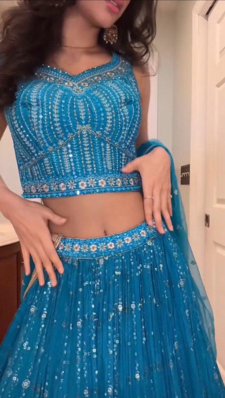Sky Blue Elegant Fox Georgette Semi-Stitched Lehenga Set with Sequin Embroidery & Butterfly Net Dupatta