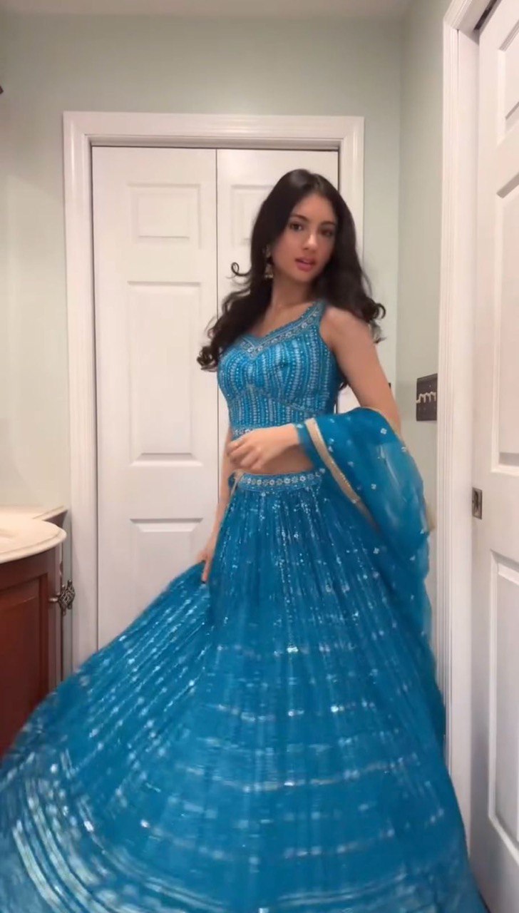 Sky Blue Elegant Fox Georgette Semi-Stitched Lehenga Set with Sequin Embroidery & Butterfly Net Dupatta