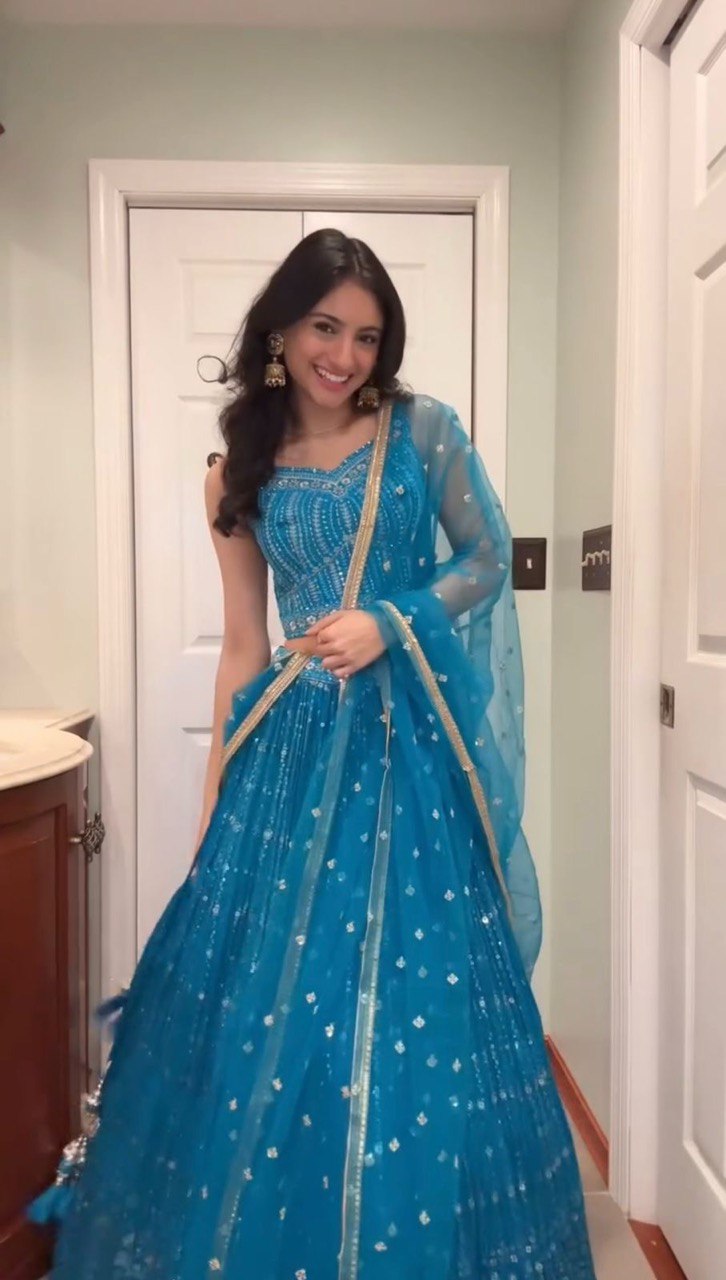 Sky Blue Elegant Fox Georgette Semi-Stitched Lehenga Set with Sequin Embroidery & Butterfly Net Dupatta