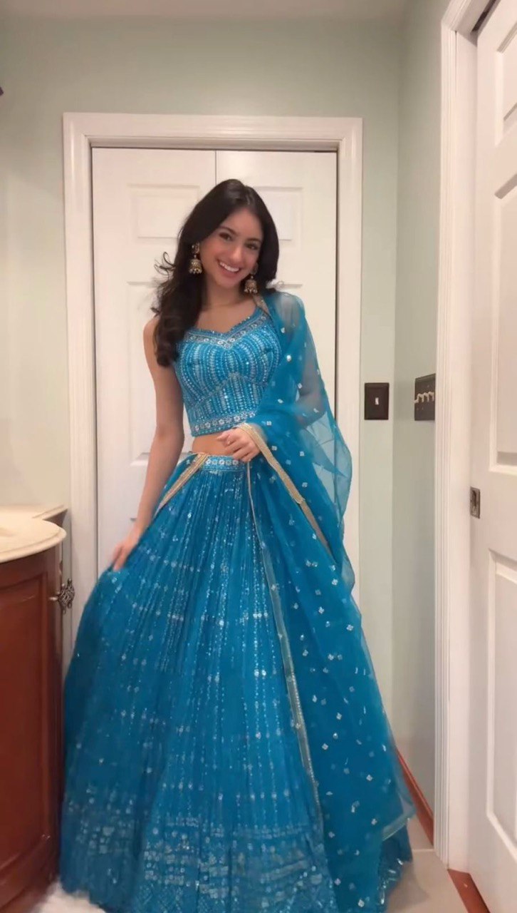 Sky Blue Elegant Fox Georgette Semi-Stitched Lehenga Set with Sequin Embroidery & Butterfly Net Dupatta