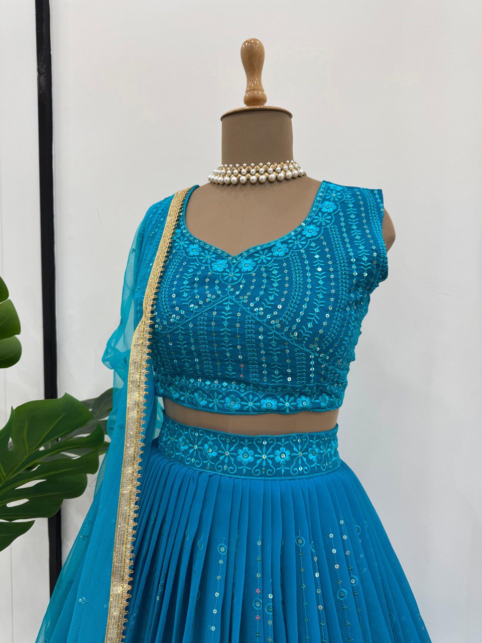 Sky Blue Elegant Fox Georgette Semi-Stitched Lehenga Set with Sequin Embroidery & Butterfly Net Dupatta