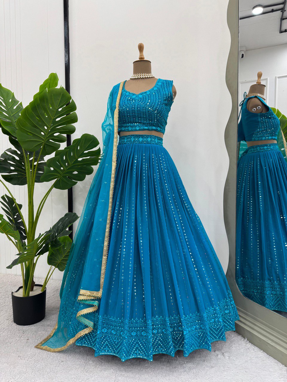 Sky Blue Elegant Fox Georgette Semi-Stitched Lehenga Set with Sequin Embroidery & Butterfly Net Dupatta
