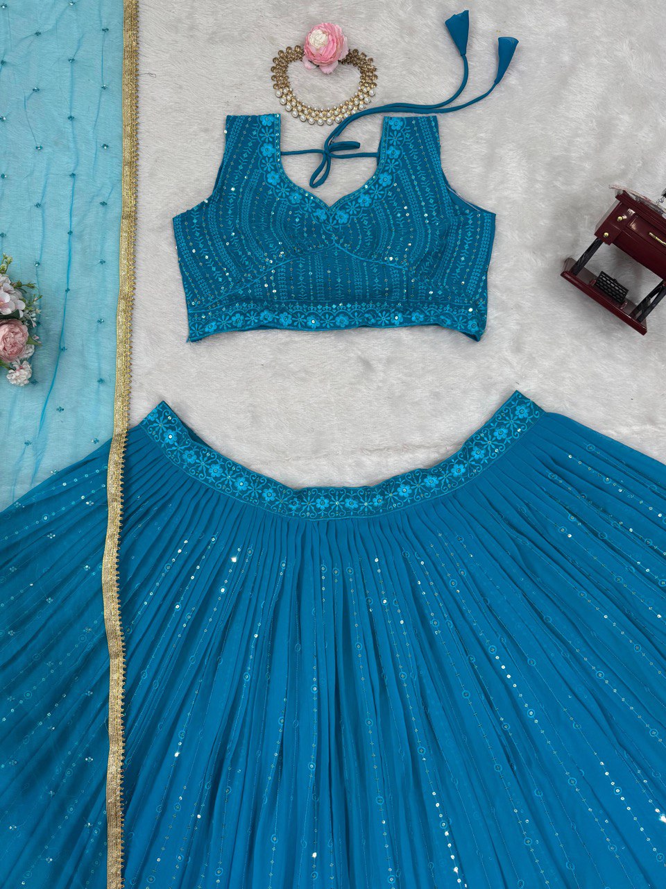Sky Blue Elegant Fox Georgette Semi-Stitched Lehenga Set with Sequin Embroidery & Butterfly Net Dupatta