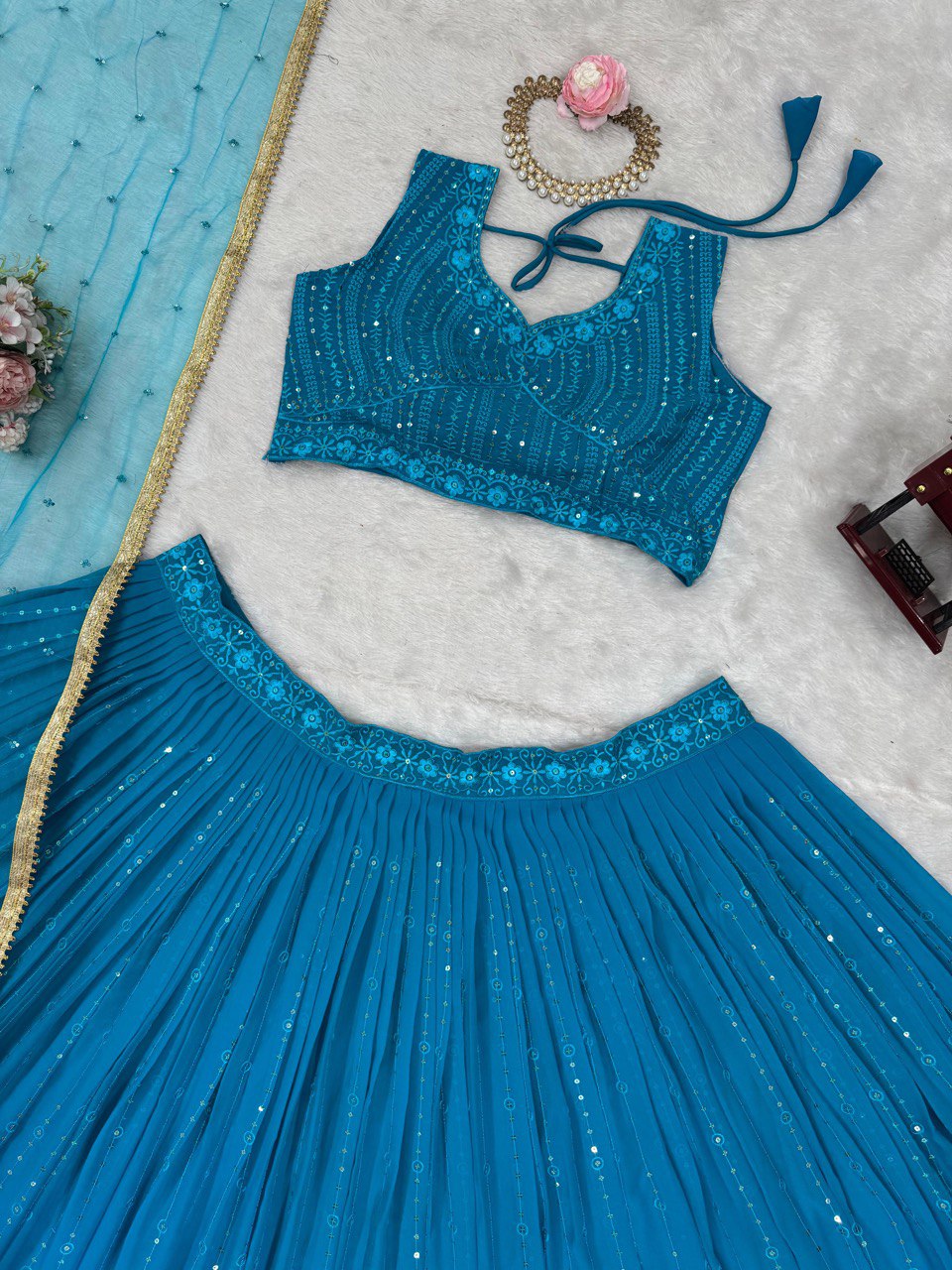 Sky Blue Elegant Fox Georgette Semi-Stitched Lehenga Set with Sequin Embroidery & Butterfly Net Dupatta