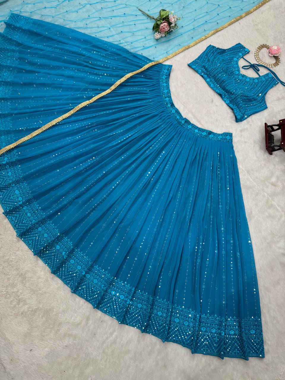 Sky Blue Elegant Fox Georgette Semi-Stitched Lehenga Set with Sequin Embroidery & Butterfly Net Dupatta