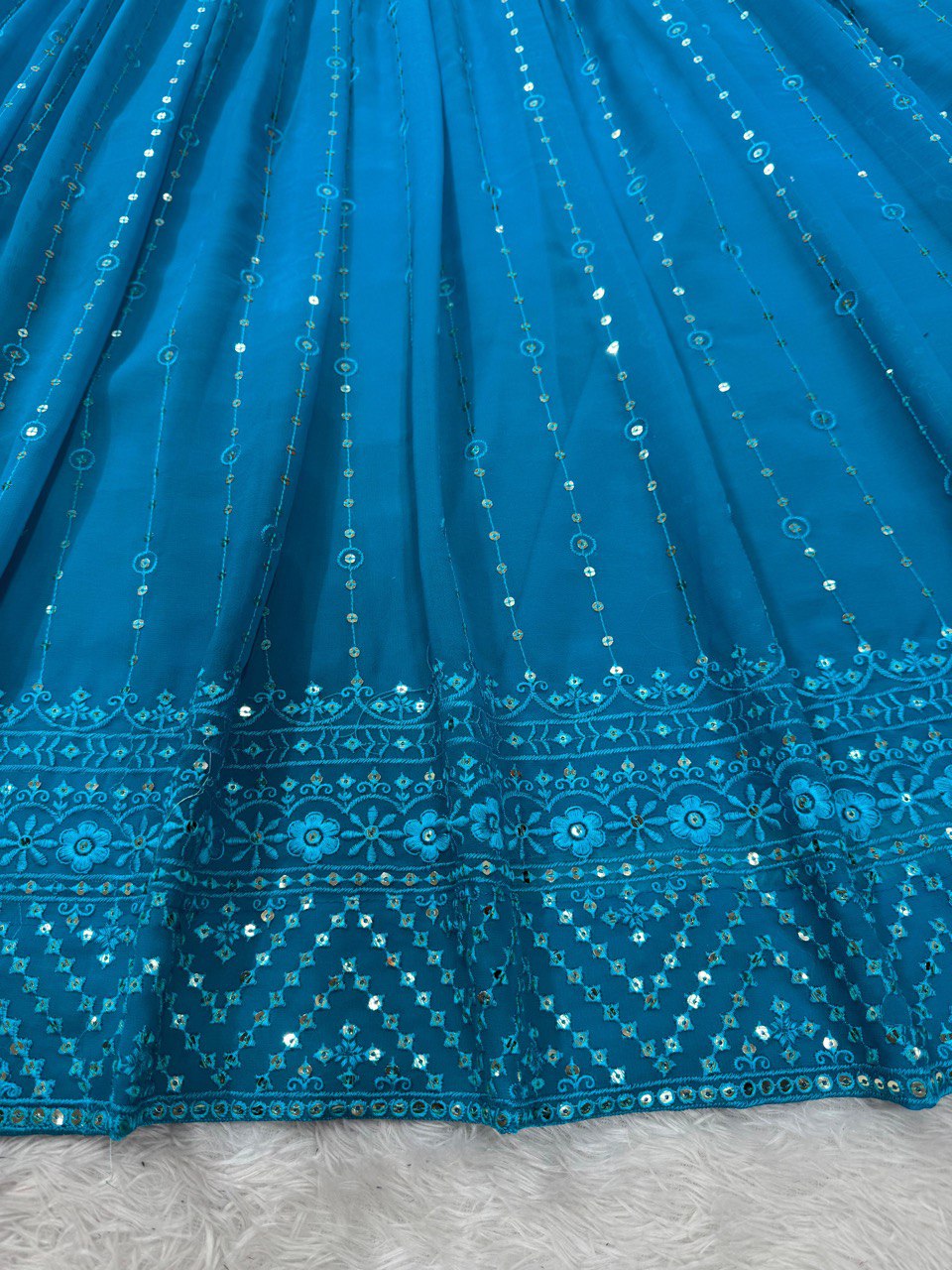 Sky Blue Elegant Fox Georgette Semi-Stitched Lehenga Set with Sequin Embroidery & Butterfly Net Dupatta