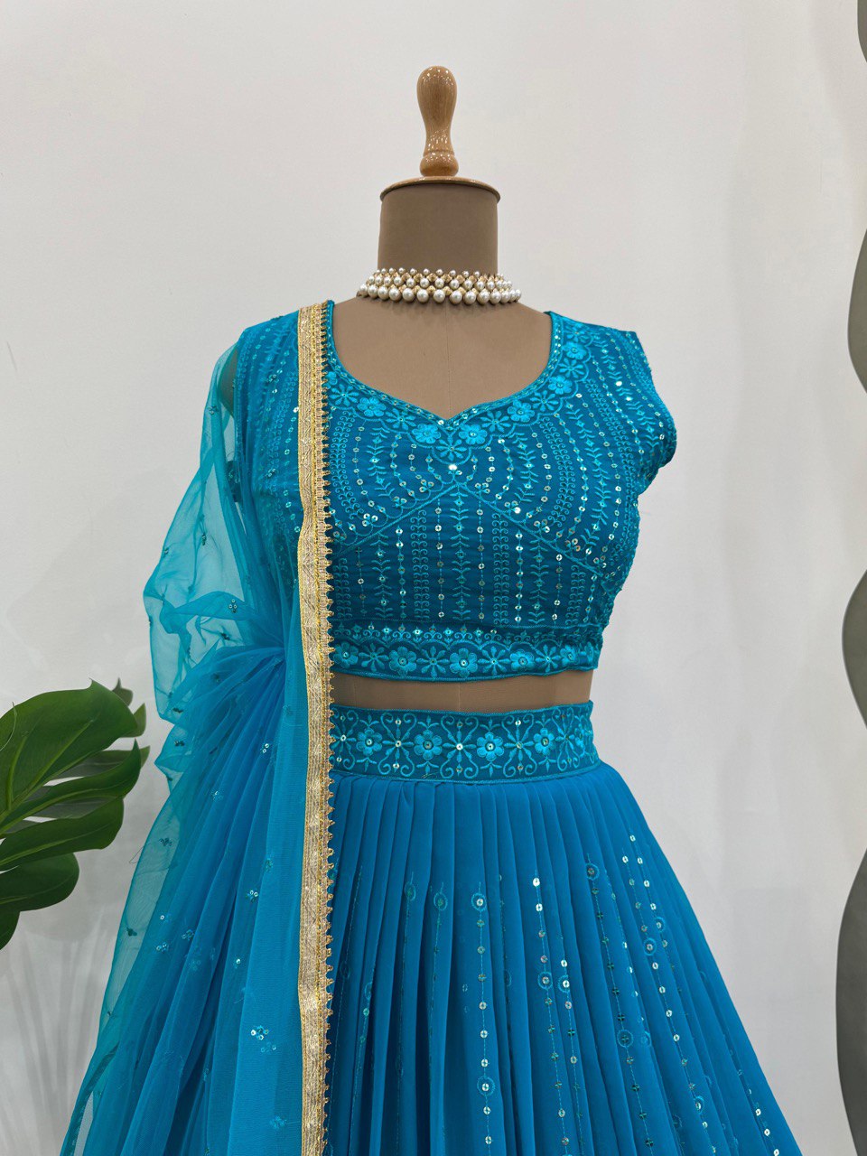 Sky Blue Elegant Fox Georgette Semi-Stitched Lehenga Set with Sequin Embroidery & Butterfly Net Dupatta