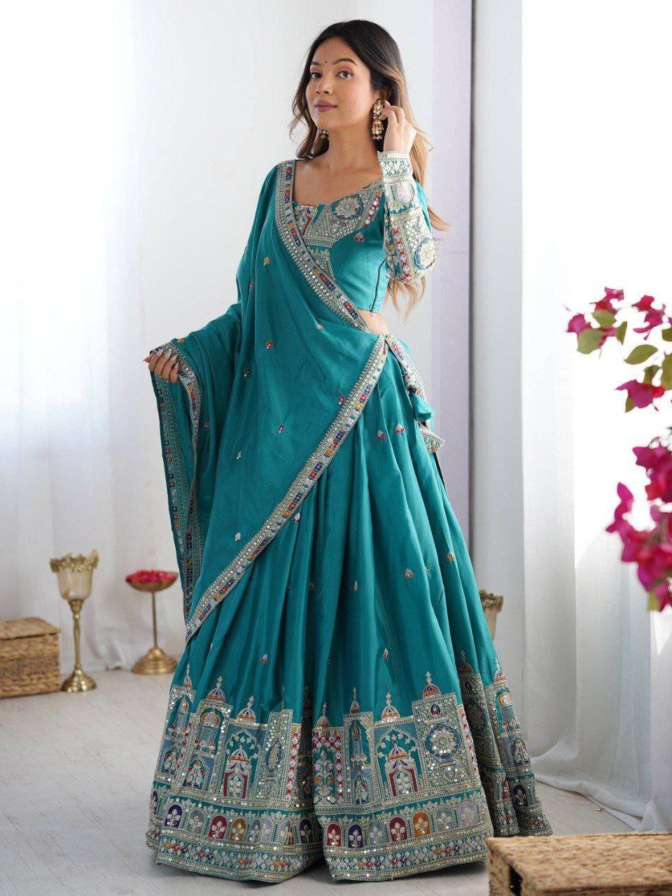 Sky Blue Elegant French Crepe Semi-Stitched Lehenga with Multi-Thread & Sequins Embroidery, Unstitched Choli, and Matching Embroidered Dupatta