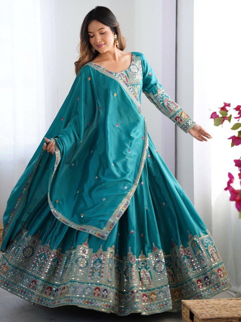 Sky Blue Elegant French Crepe Semi-Stitched Lehenga with Multi-Thread & Sequins Embroidery, Unstitched Choli, and Matching Embroidered Dupatta