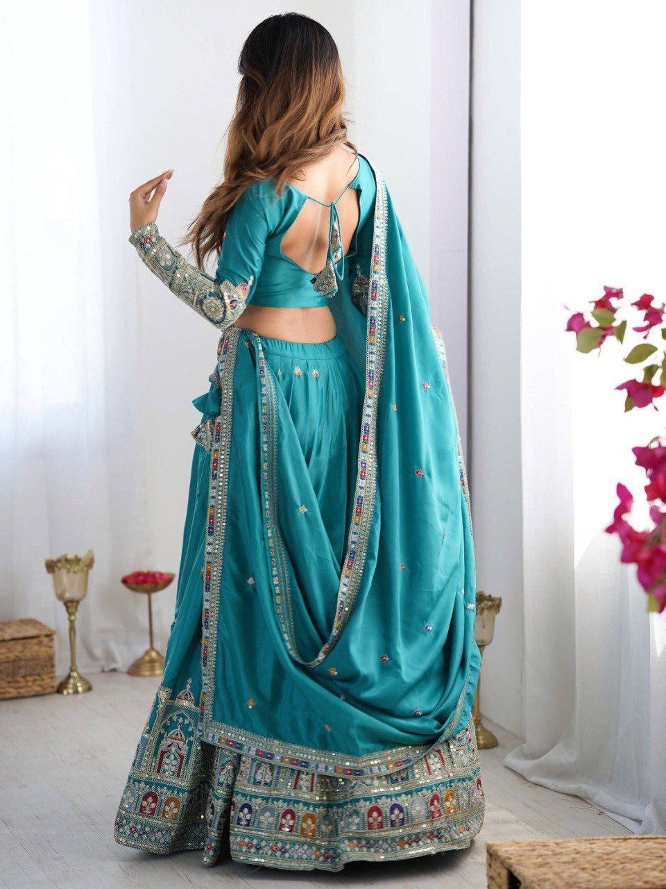 Sky Blue Elegant French Crepe Semi-Stitched Lehenga with Multi-Thread & Sequins Embroidery, Unstitched Choli, and Matching Embroidered Dupatta