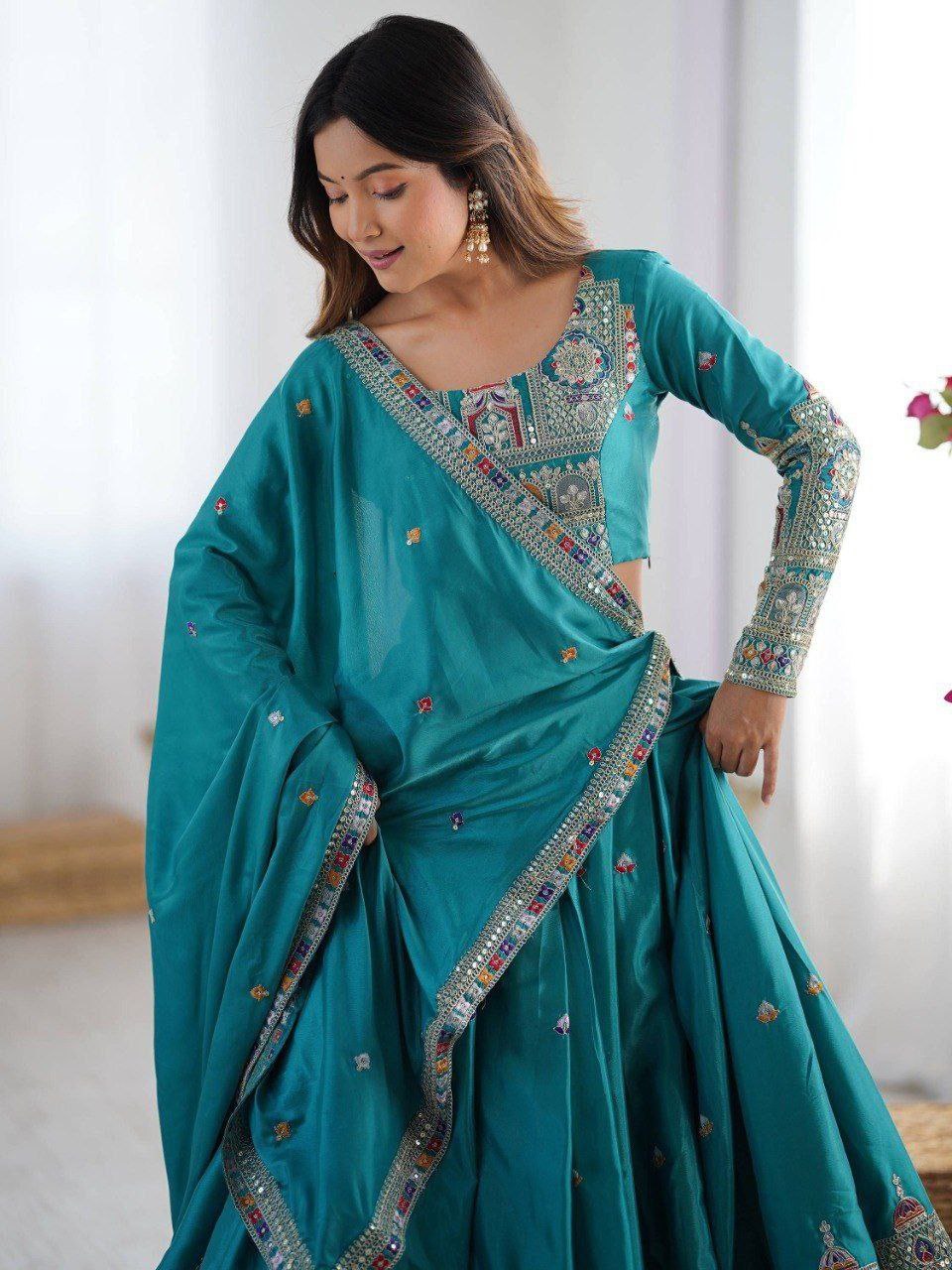 Sky Blue Elegant French Crepe Semi-Stitched Lehenga with Multi-Thread & Sequins Embroidery, Unstitched Choli, and Matching Embroidered Dupatta
