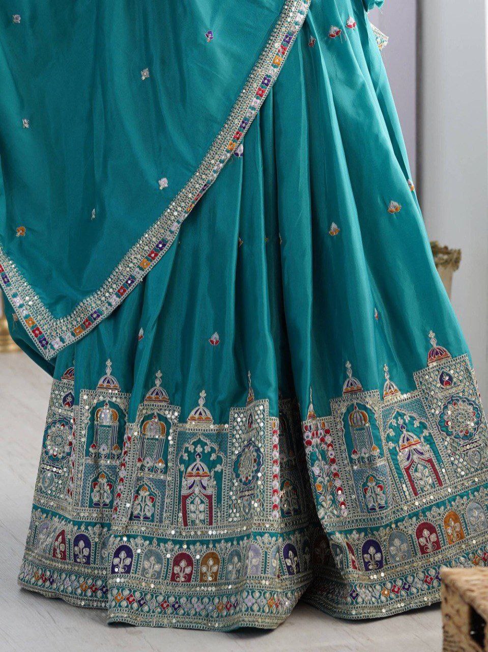 Sky Blue Elegant French Crepe Semi-Stitched Lehenga with Multi-Thread & Sequins Embroidery, Unstitched Choli, and Matching Embroidered Dupatta