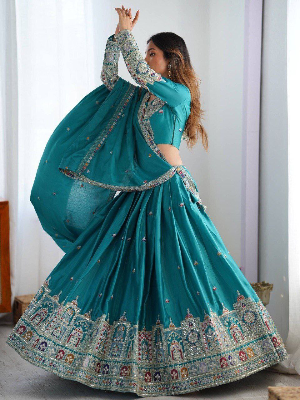 Sky Blue Elegant French Crepe Semi-Stitched Lehenga with Multi-Thread & Sequins Embroidery, Unstitched Choli, and Matching Embroidered Dupatta