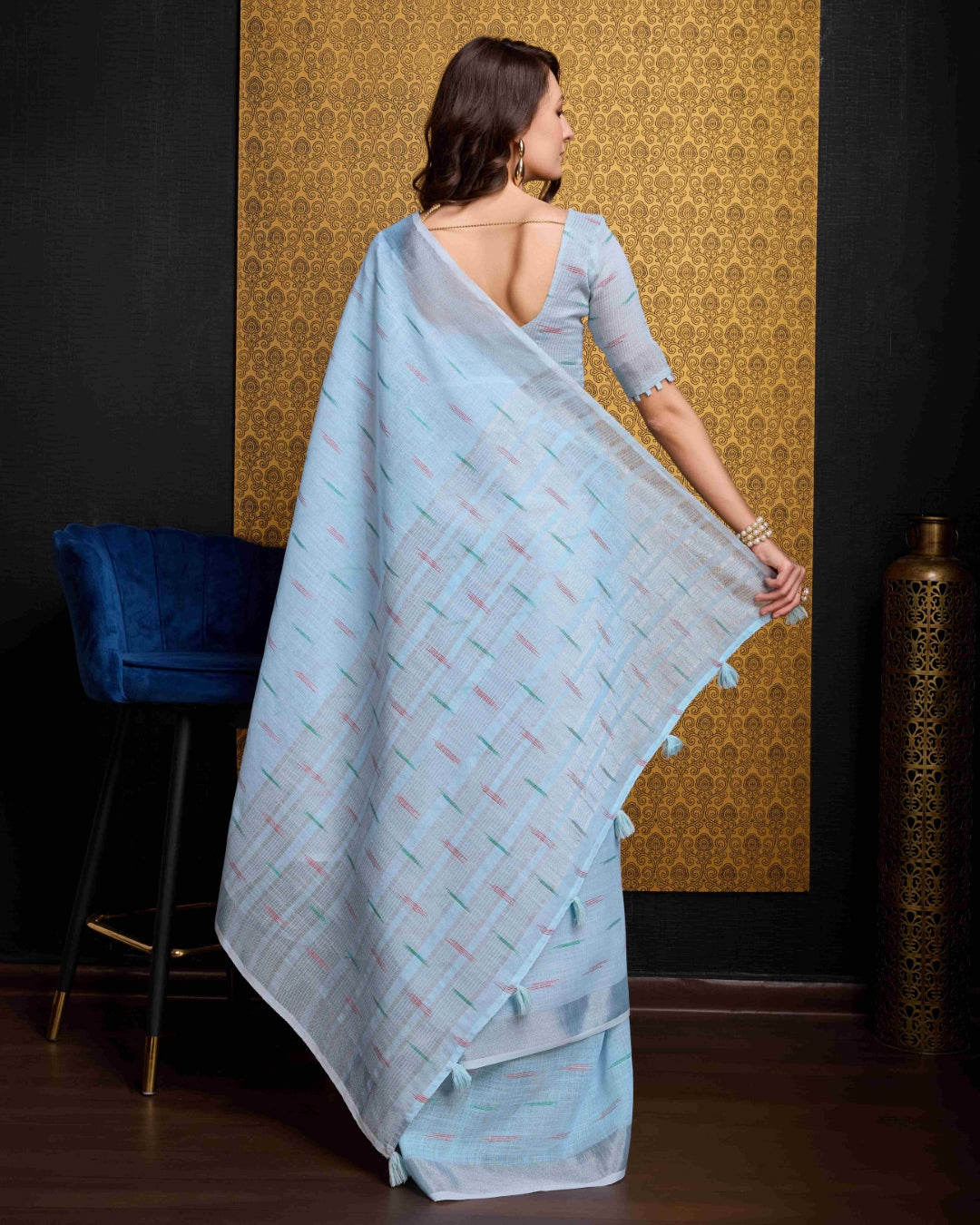 Sky Blue Elegant & Gold-Toned Ikat Woven Saree with Zari Border