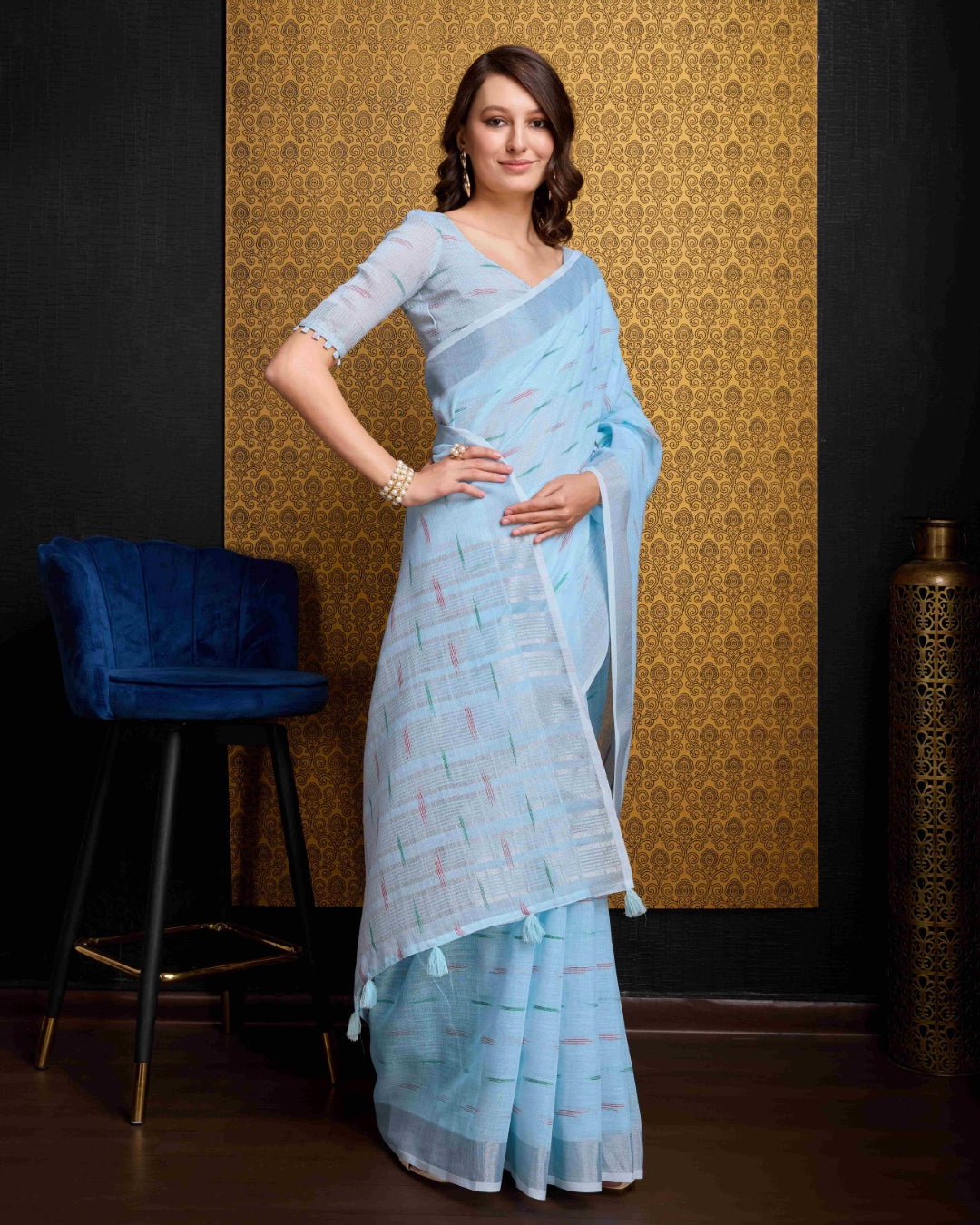 Sky Blue Elegant & Gold-Toned Ikat Woven Saree with Zari Border