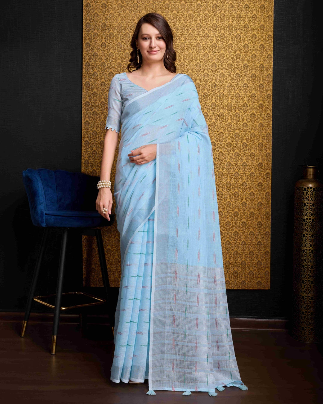 Sky Blue Elegant & Gold-Toned Ikat Woven Saree with Zari Border