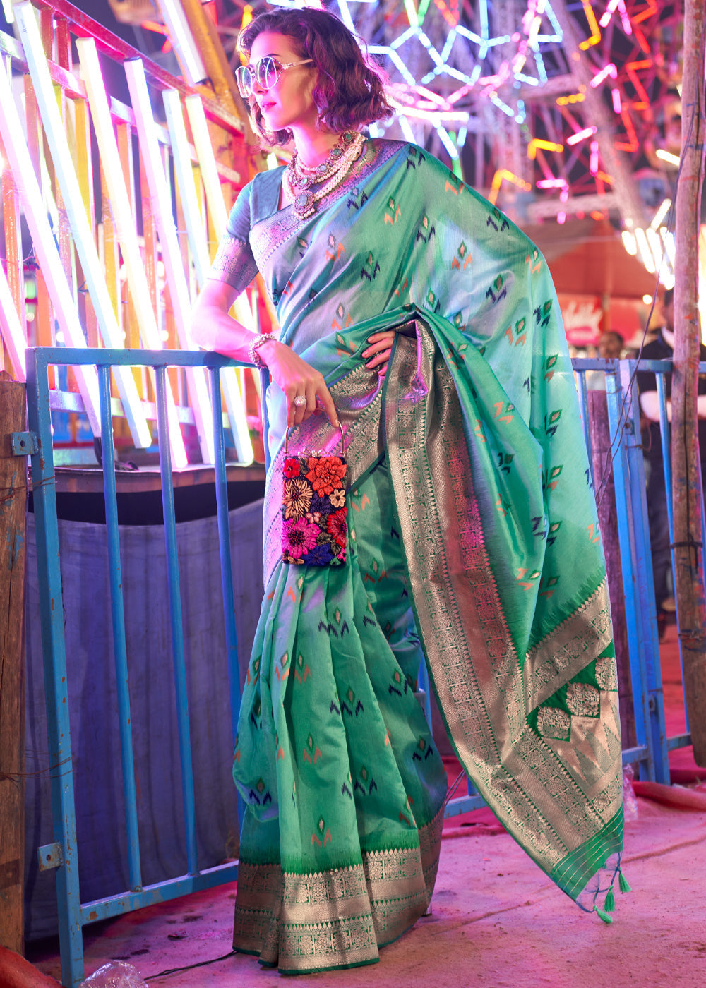 Sky Blue Elegant Handloom Banarasi Silk Blend Saree with Woven Work & Blouse Piece