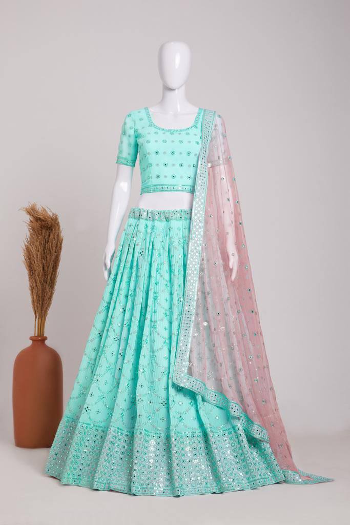 Sky Blue Elegant Heavy Georgette Embroidered Lehenga Set with Sequins & Butterfly Net Dupatta
