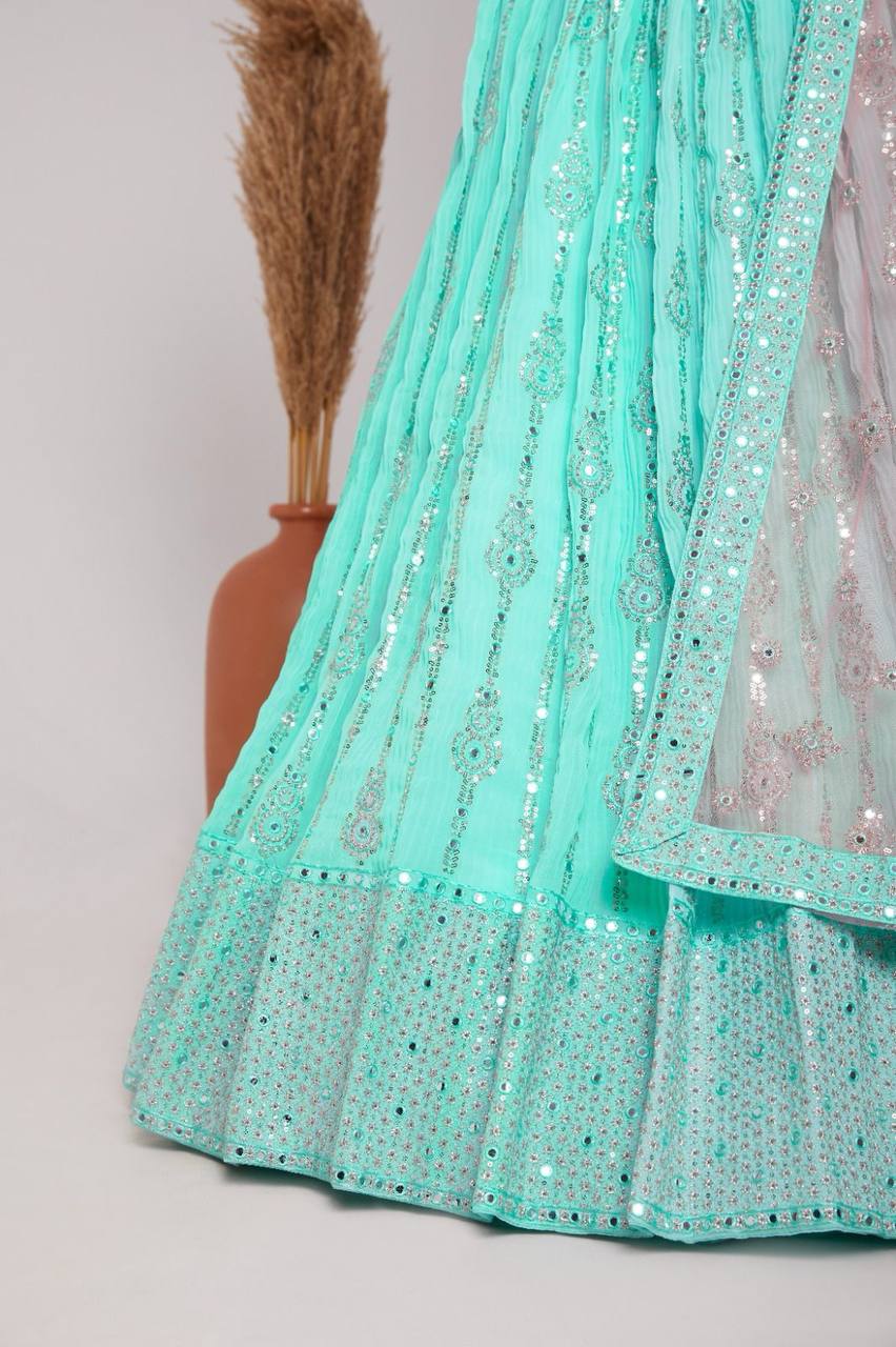 Sky Blue Elegant Heavy Georgette Embroidered Lehenga Set with Sequins & Butterfly Net Dupatta