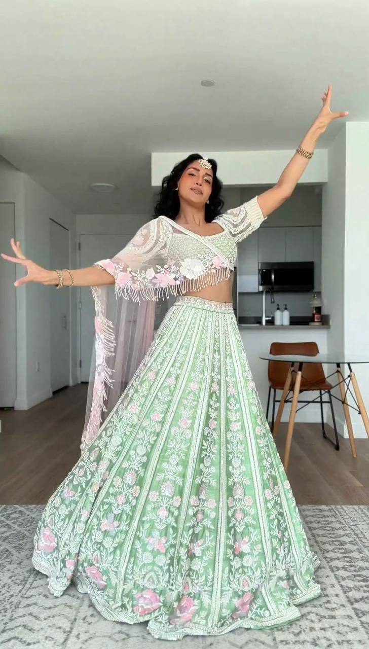 Sky Blue Elegant Mono Banglory Thread & Sequin Embroidered Lehenga Choli Set with Fancy Dupatta