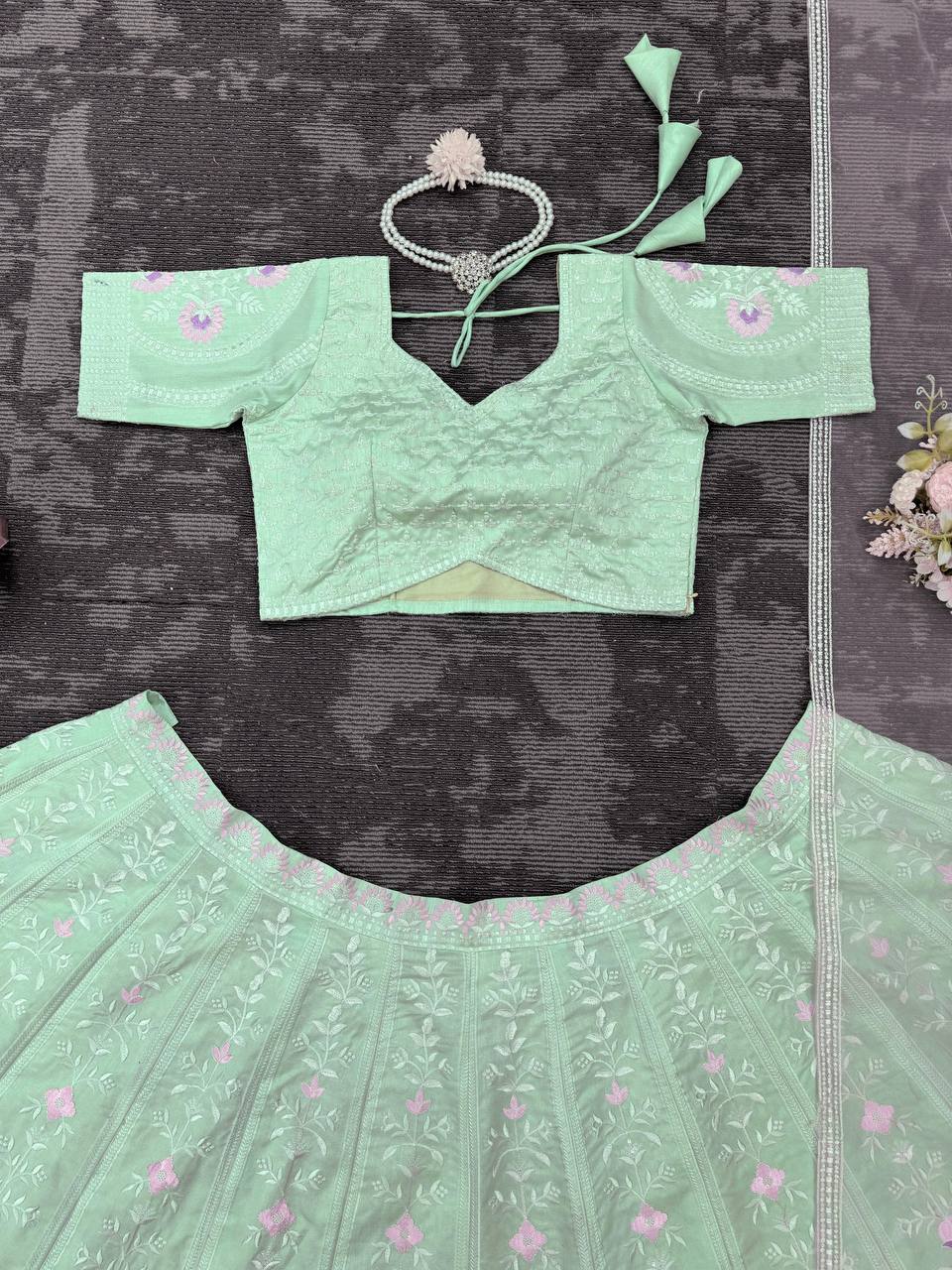 Sky Blue Elegant Mono Banglory Thread & Sequin Embroidered Lehenga Choli Set with Fancy Dupatta