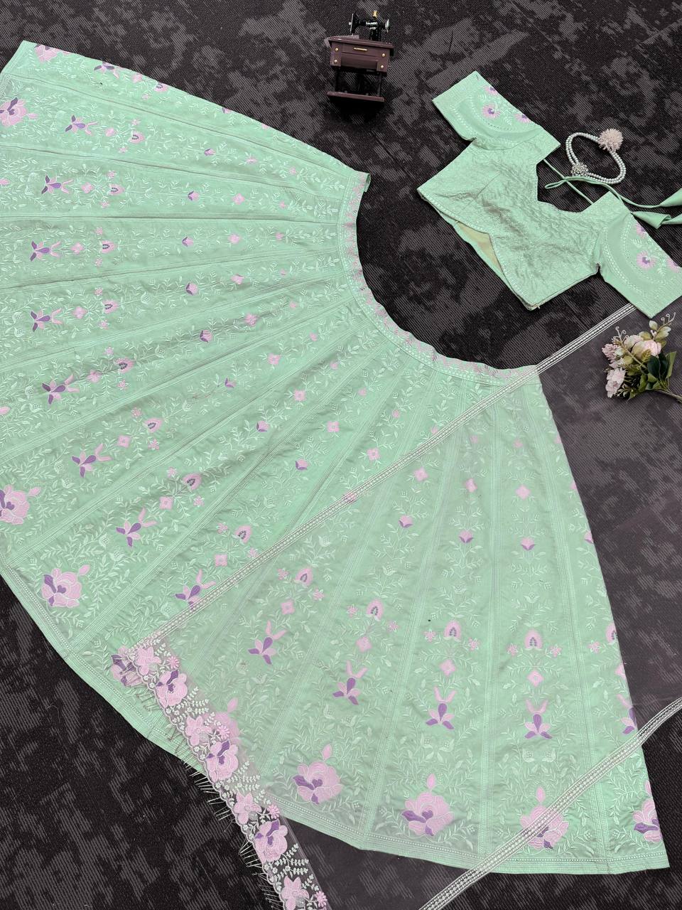 Sky Blue Elegant Mono Banglory Thread & Sequin Embroidered Lehenga Choli Set with Fancy Dupatta