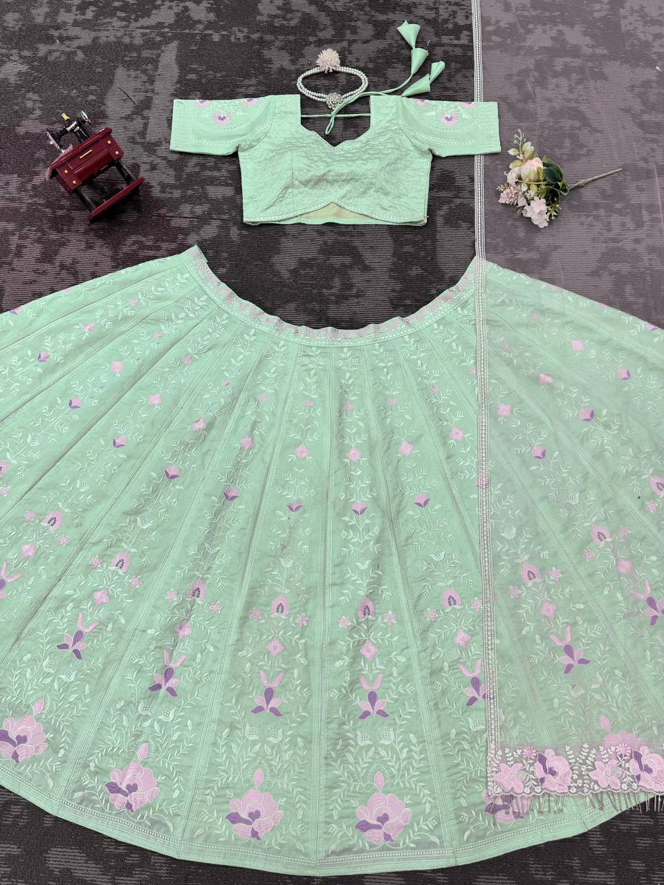 Sky Blue Elegant Mono Banglory Thread & Sequin Embroidered Lehenga Choli Set with Fancy Dupatta