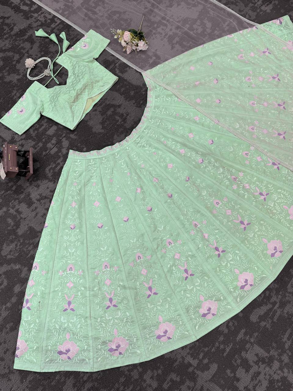 Sky Blue Elegant Mono Banglory Thread & Sequin Embroidered Lehenga Choli Set with Fancy Dupatta