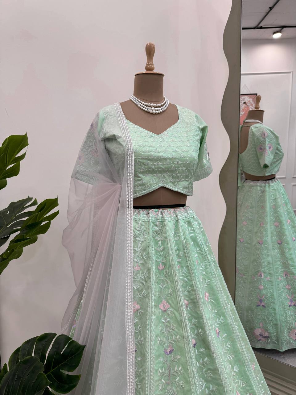 Sky Blue Elegant Mono Banglory Thread & Sequin Embroidered Lehenga Choli Set with Fancy Dupatta