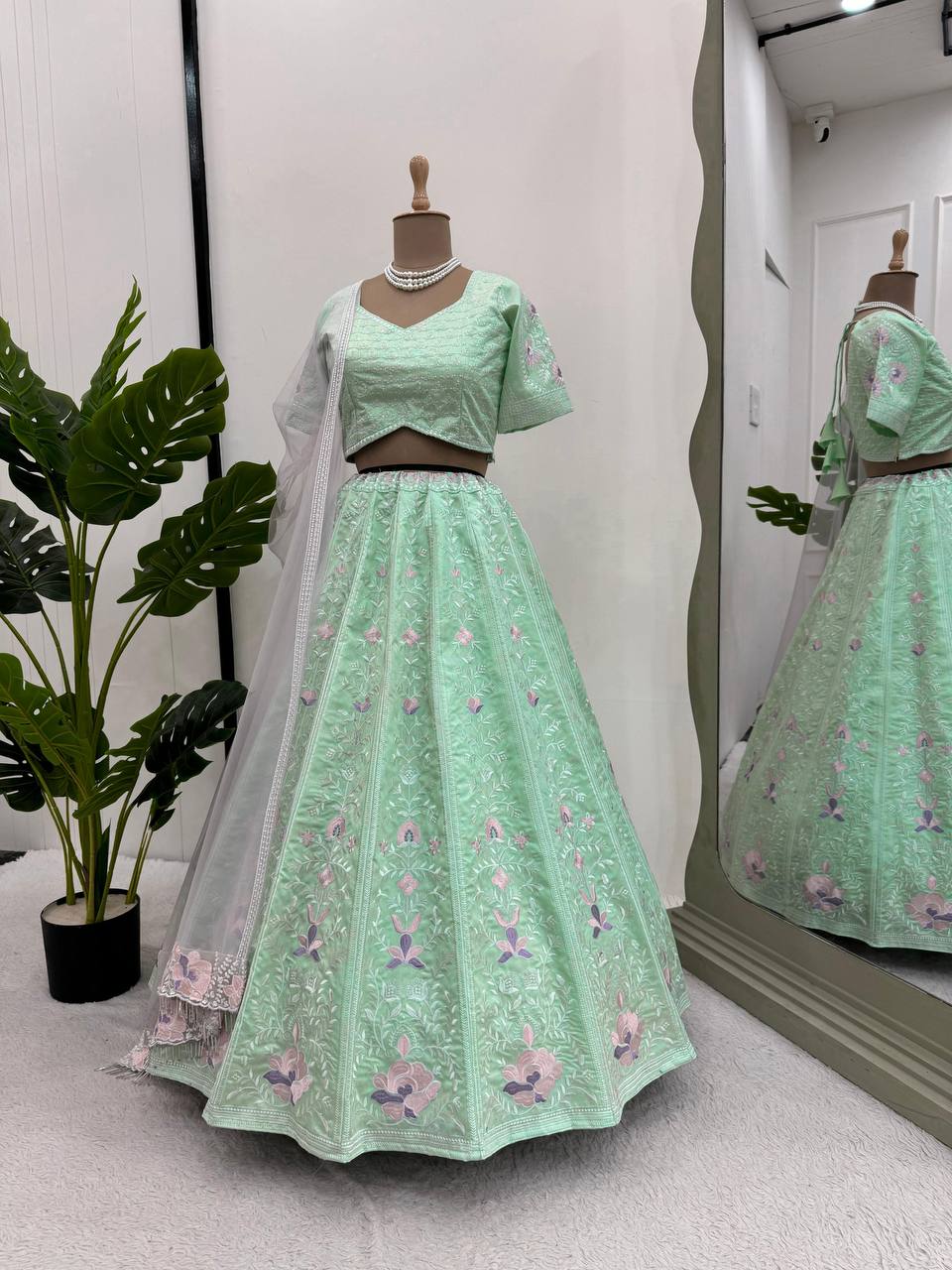 Sky Blue Elegant Mono Banglory Thread & Sequin Embroidered Lehenga Choli Set with Fancy Dupatta