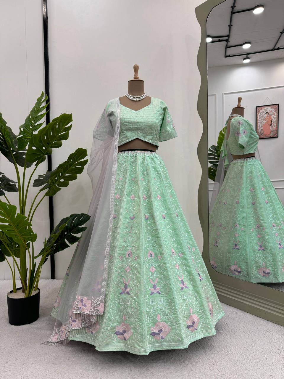 Sky Blue Elegant Mono Banglory Thread & Sequin Embroidered Lehenga Choli Set with Fancy Dupatta