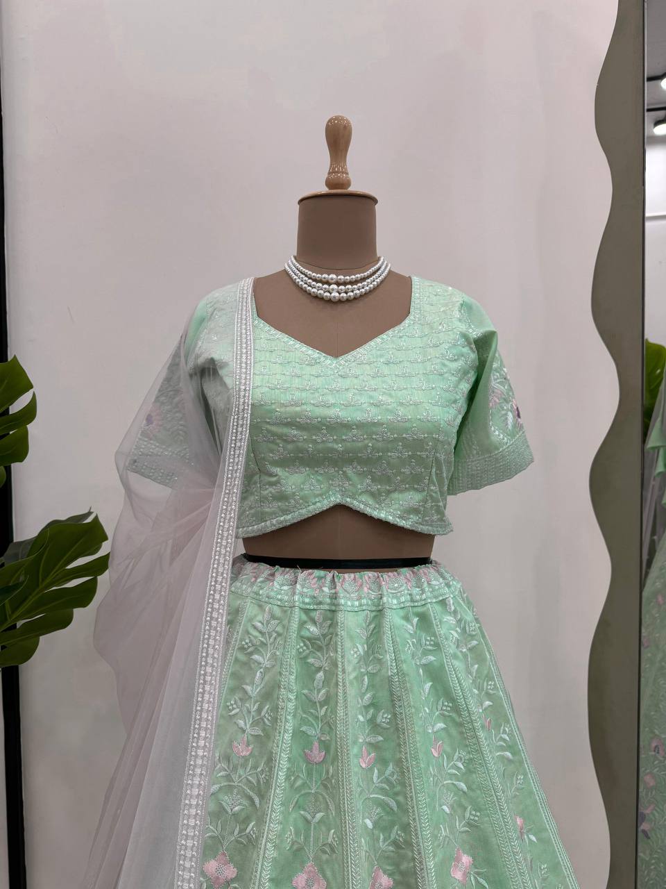 Sky Blue Elegant Mono Banglory Thread & Sequin Embroidered Lehenga Choli Set with Fancy Dupatta