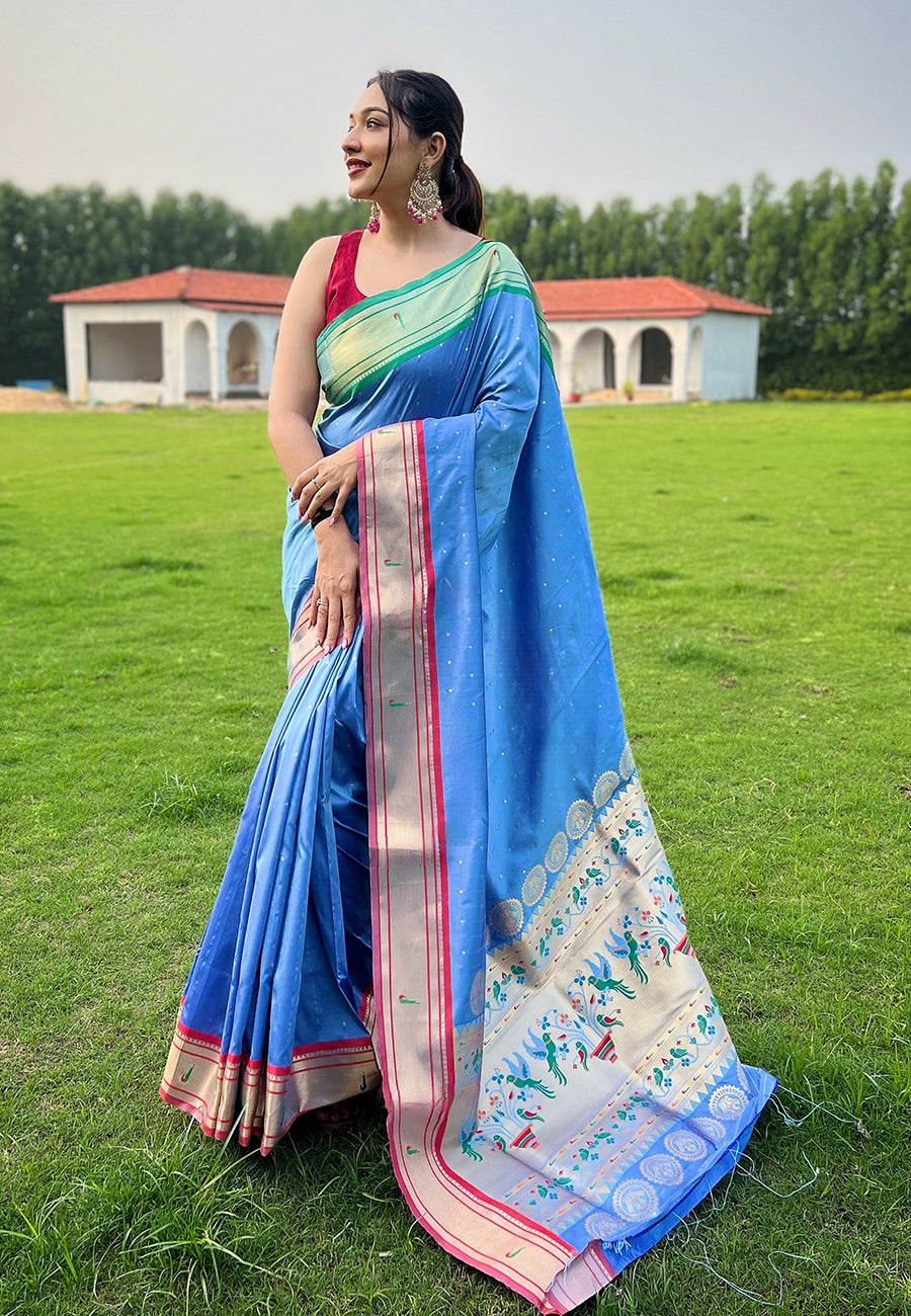 Sky Blue Elegant Paithani Silk Saree with Jacquard Weaving