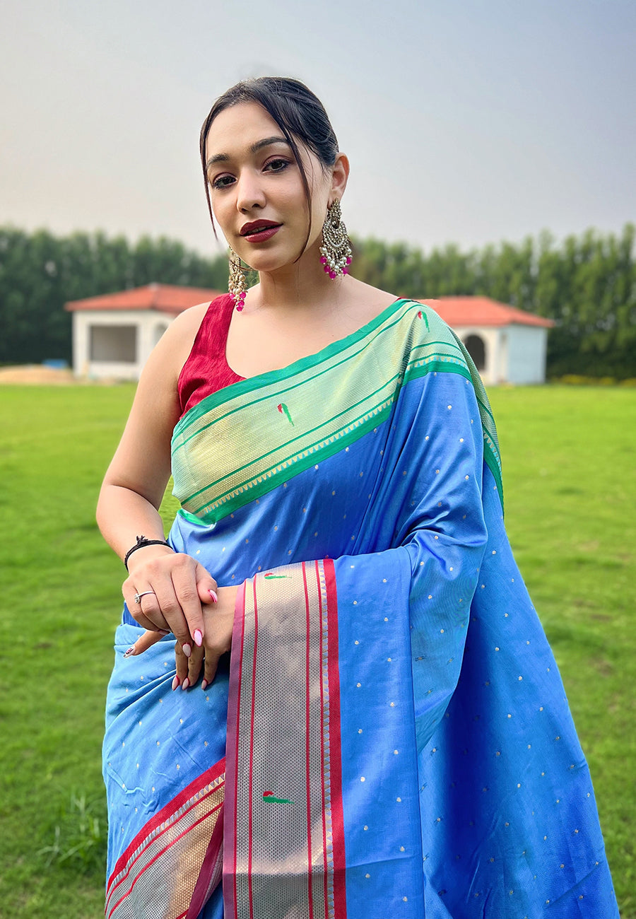 Sky Blue Elegant Paithani Silk Saree with Jacquard Weaving