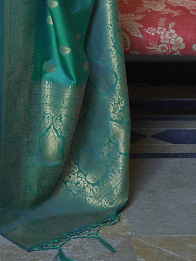 Sky Blue Elegant Printed Chanderi Silk Blend Saree with Tassel Detailing