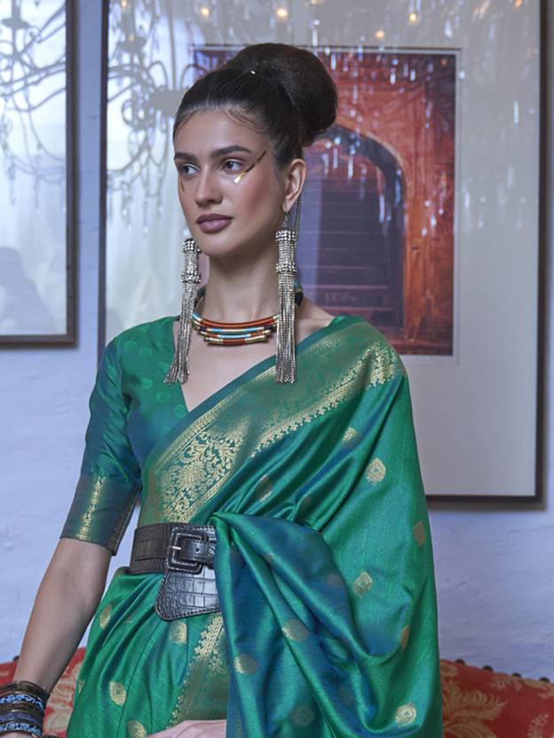 Sky Blue Elegant Printed Chanderi Silk Blend Saree with Tassel Detailing