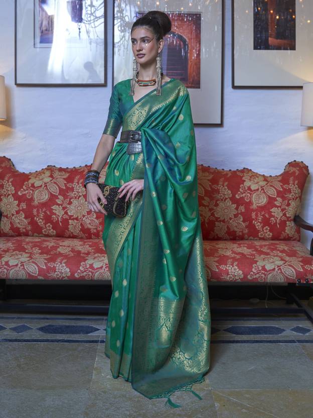 Sky Blue Elegant Printed Chanderi Silk Blend Saree with Tassel Detailing