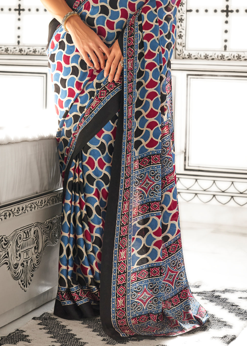 Sky Blue Elegant Satin Crepe Saree – Luxurious & Graceful Drape