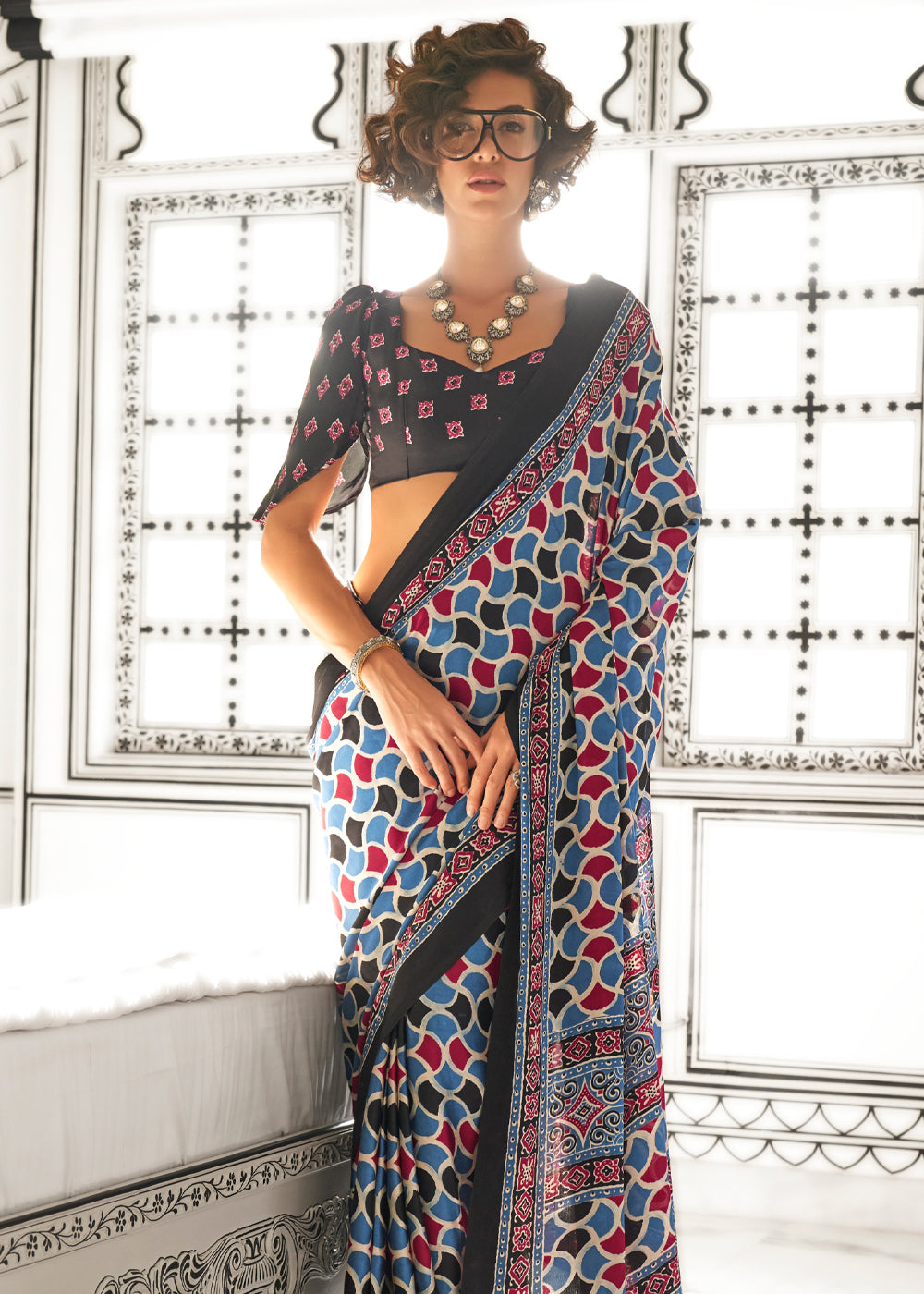 Sky Blue Elegant Satin Crepe Saree – Luxurious & Graceful Drape