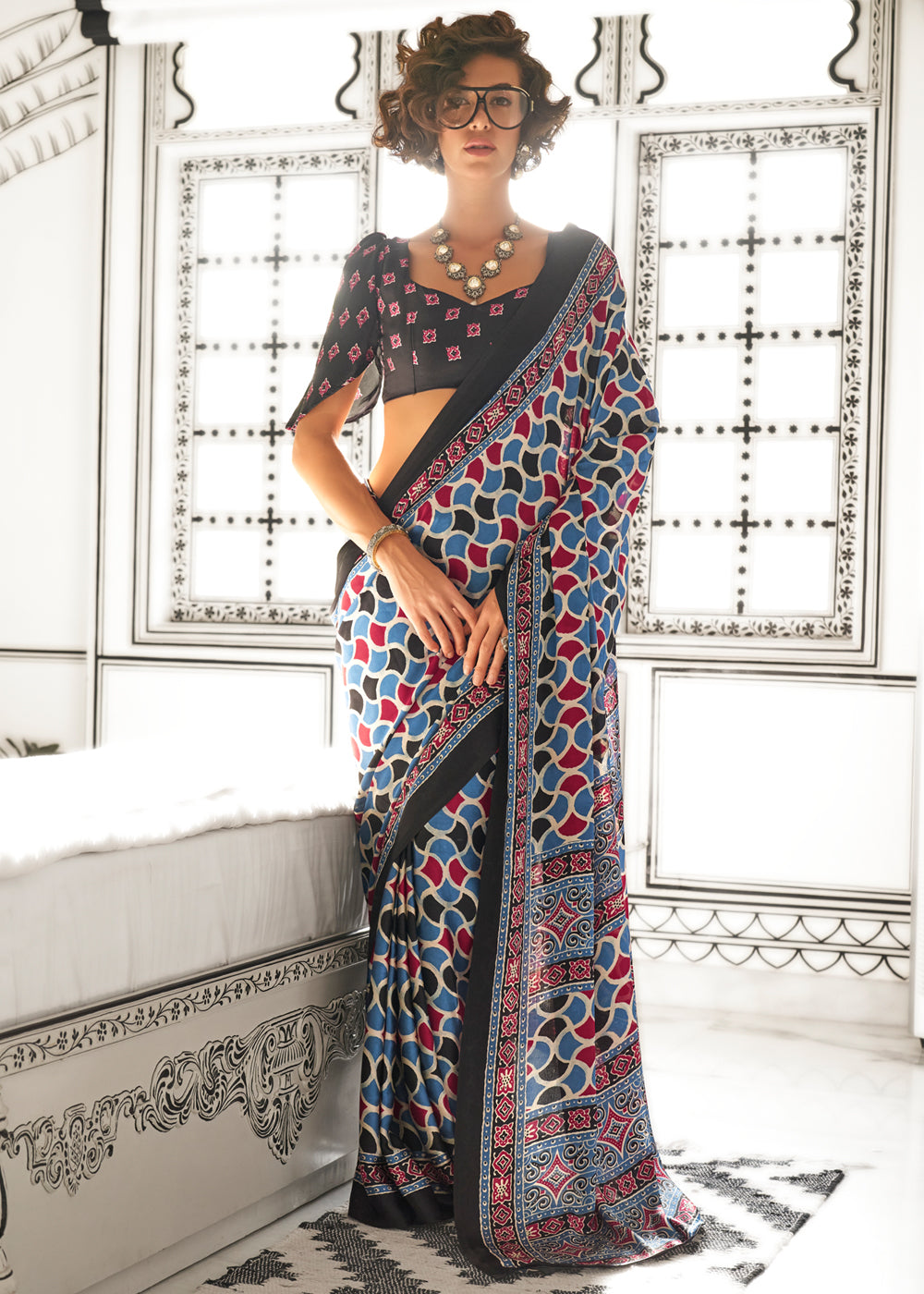 Sky Blue Elegant Satin Crepe Saree – Luxurious & Graceful Drape