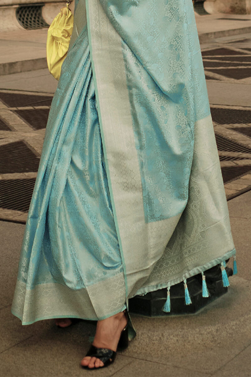 Sky Blue Elegant Satin Silk Blend Saree with Matching Blended Silk Blouse Piece