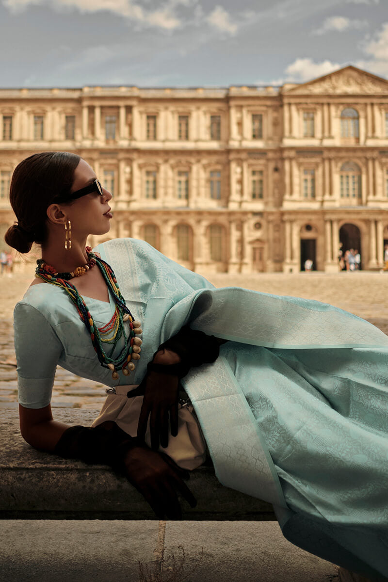Sky Blue Elegant Satin Silk Blend Saree with Matching Blended Silk Blouse Piece