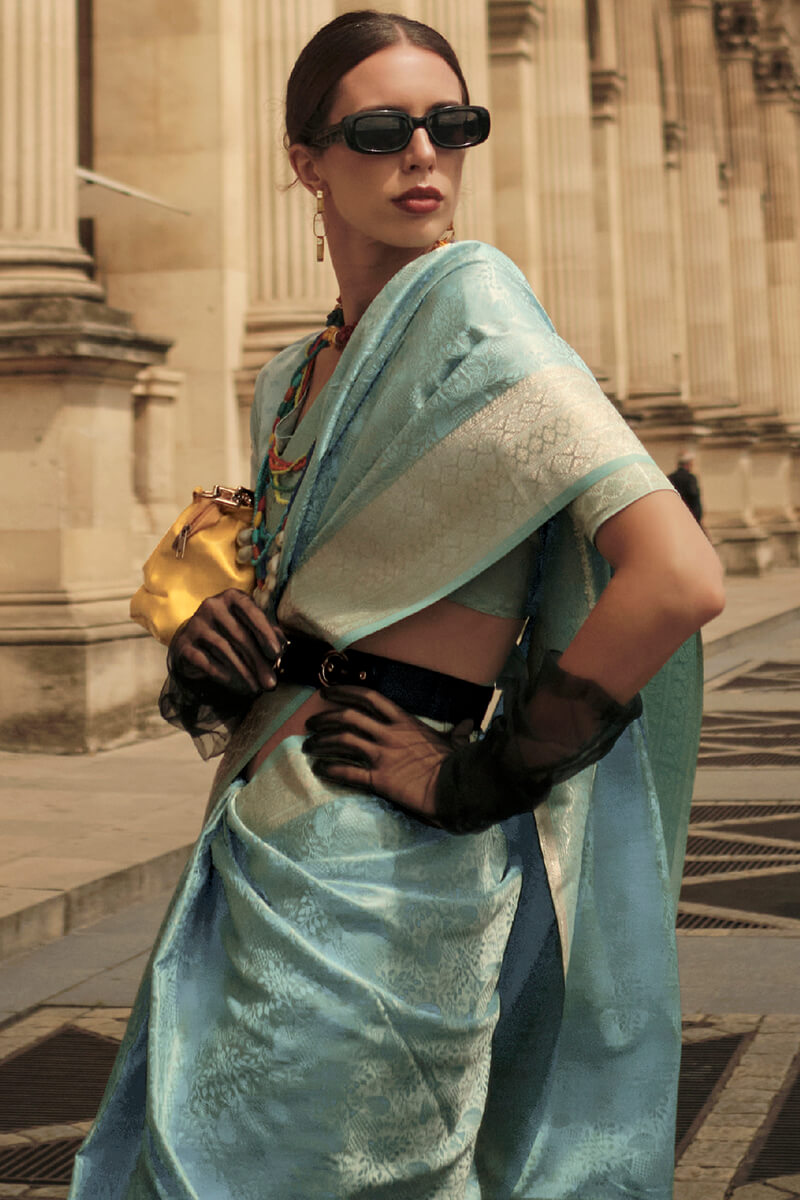 Sky Blue Elegant Satin Silk Blend Saree with Matching Blended Silk Blouse Piece