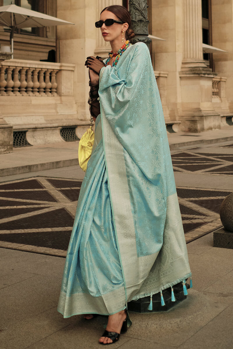 Sky Blue Elegant Satin Silk Blend Saree with Matching Blended Silk Blouse Piece