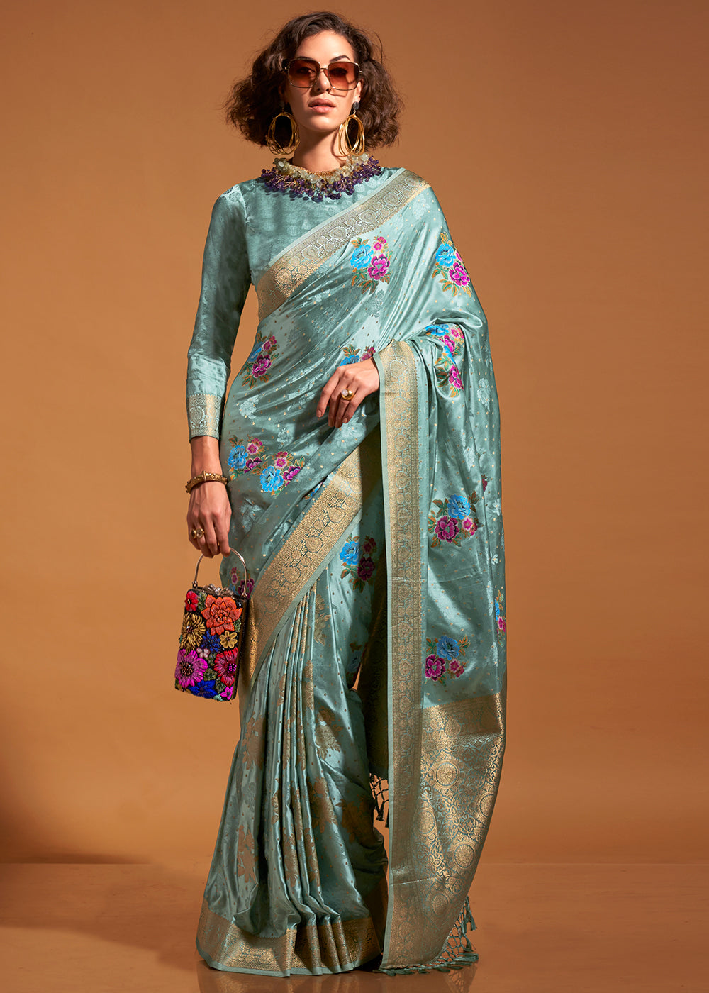 Sky Blue Elegant Satin Traditional Saree with Zari & Thread Work