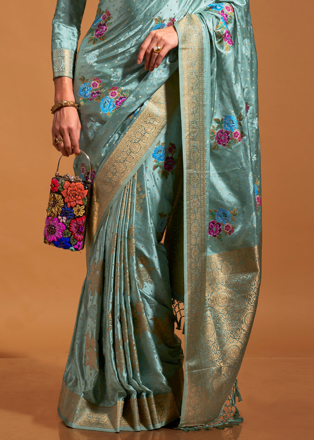 Sky Blue Elegant Satin Traditional Saree with Zari & Thread Work