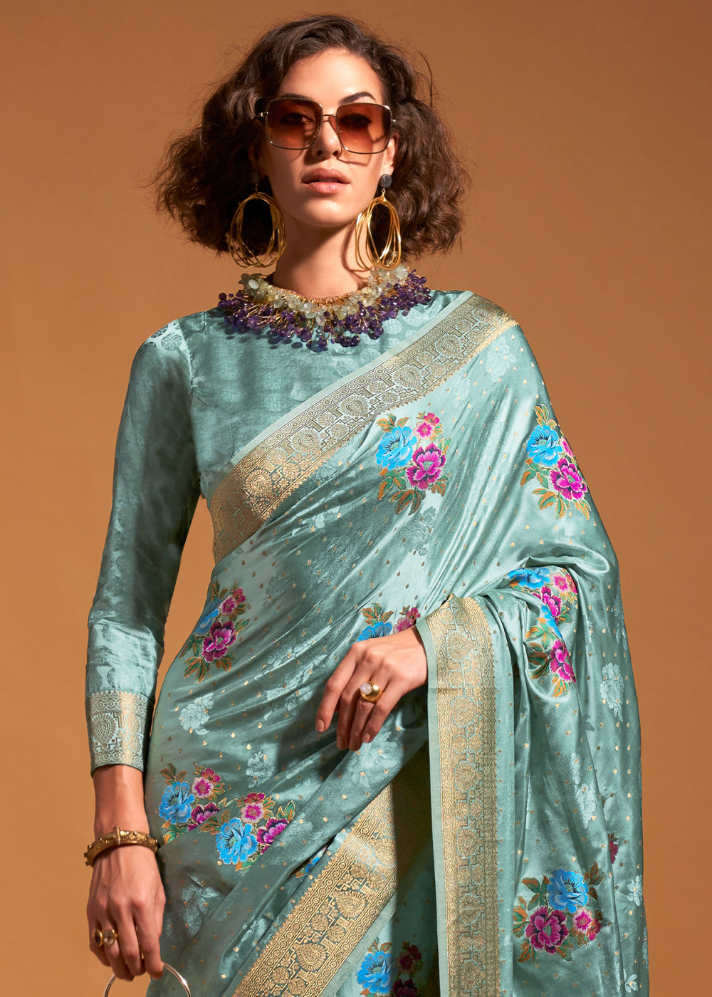 Sky Blue Elegant Satin Traditional Saree with Zari & Thread Work