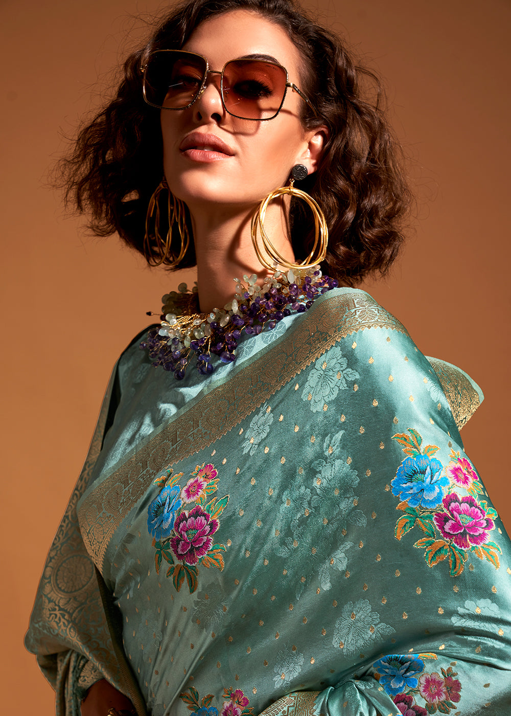 Sky Blue Elegant Satin Traditional Saree with Zari & Thread Work