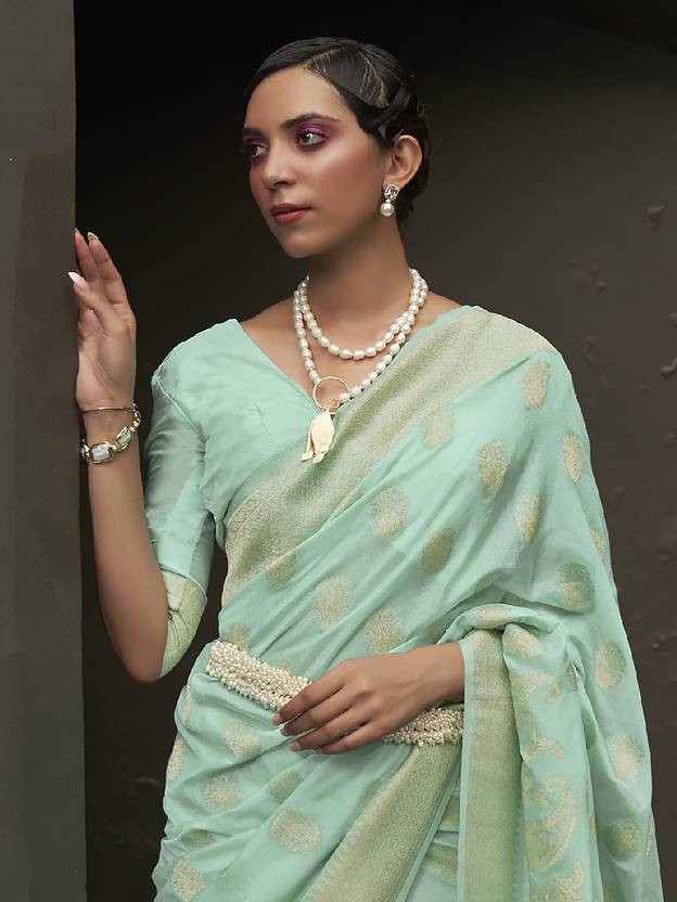 Sky Blue Elegant Silk Blend Banarasi Saree with Unstitched Blouse Piece
